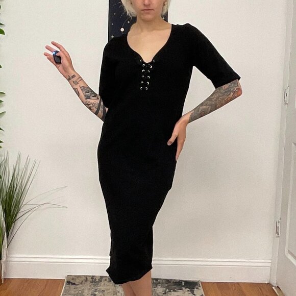 Monrow Mommy Jersey Lace-Up Midi Dress Short Sleeve Size L Black - Picture 3 of 16